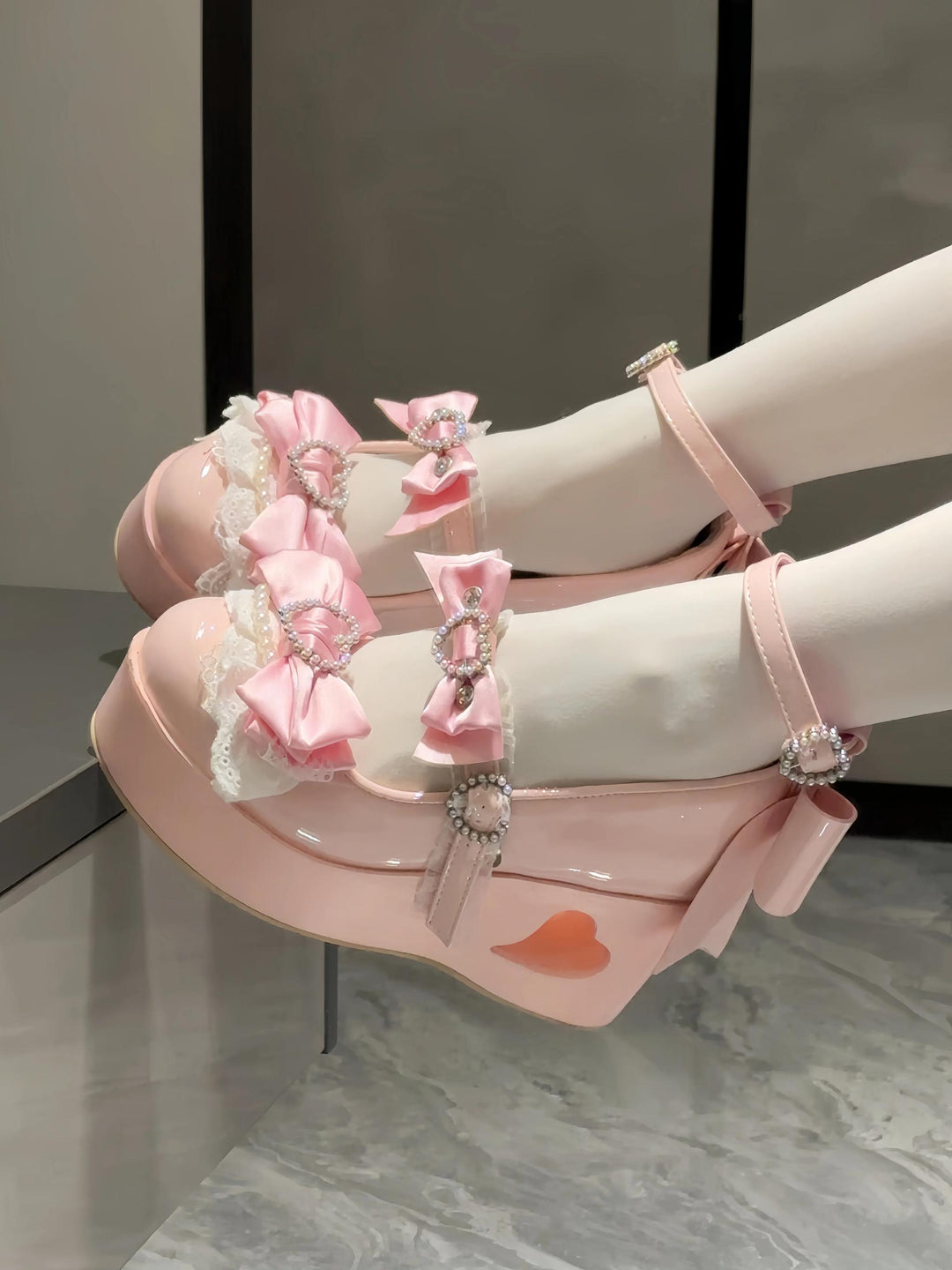 Sweet Lolita Platform Shoes, Bow and Heart-Shaped Pearl 45357:846109