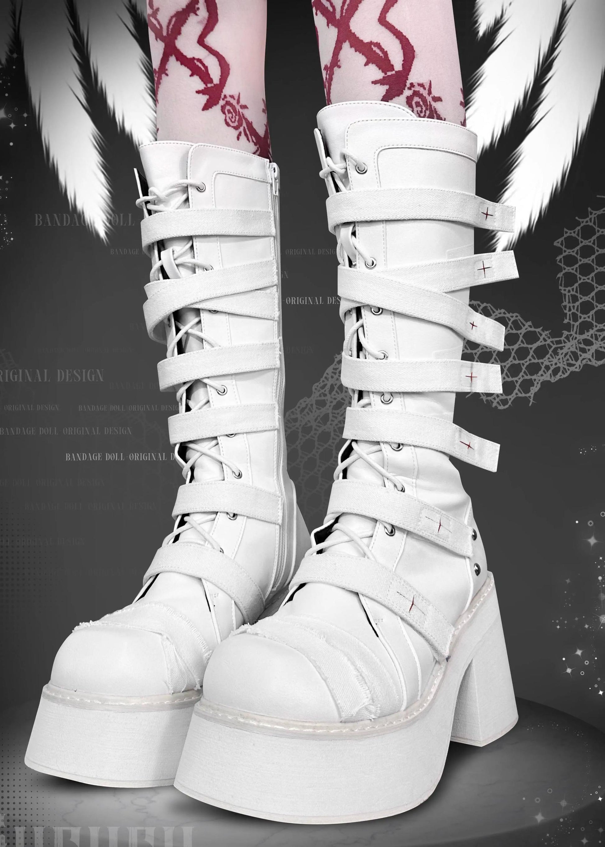 Punk Combat Boots Cross Strap Black White Boots 33822:446212