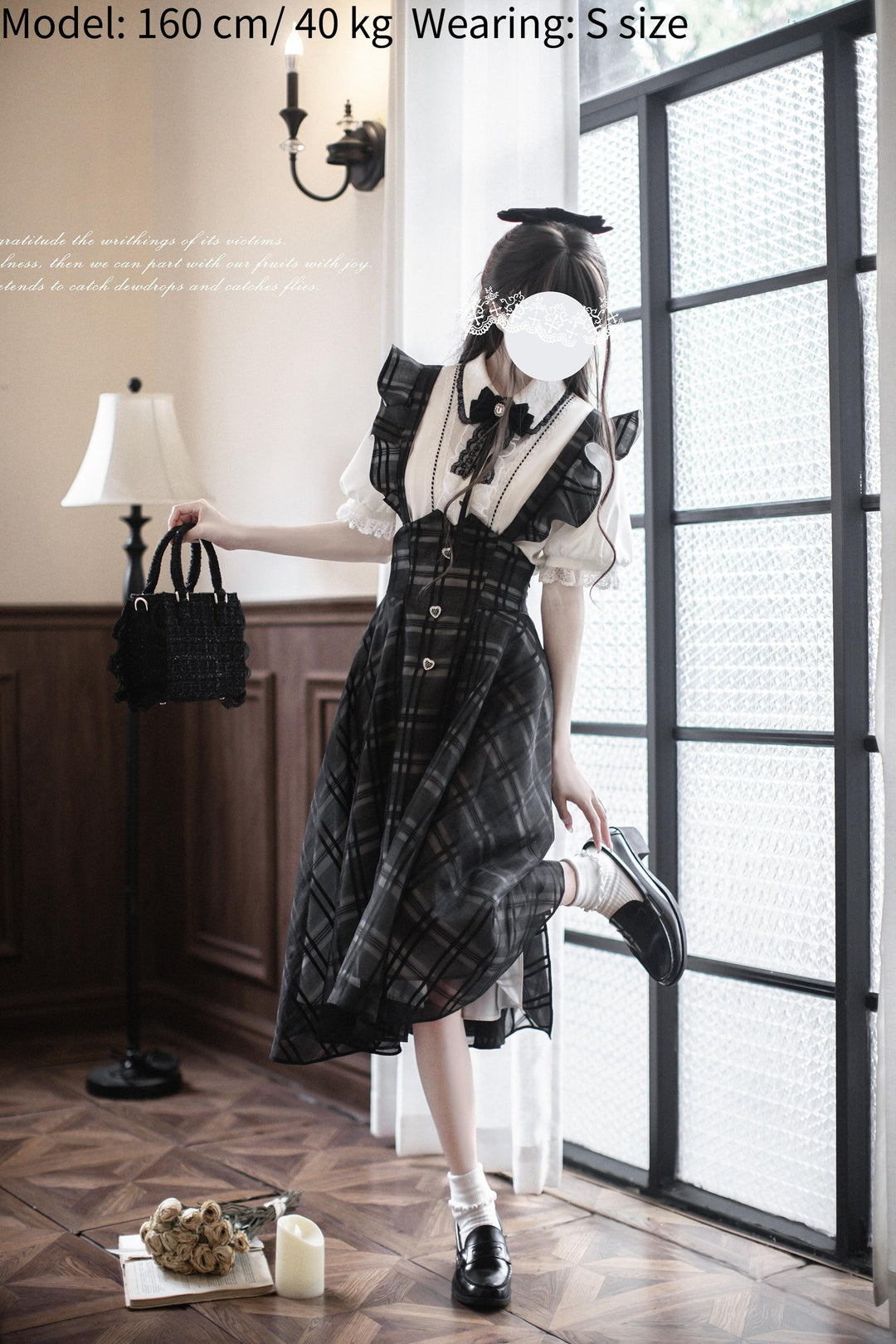 Black Jirai Kei Plaid Suspender Skirt Set with White Blouse 42918:760681