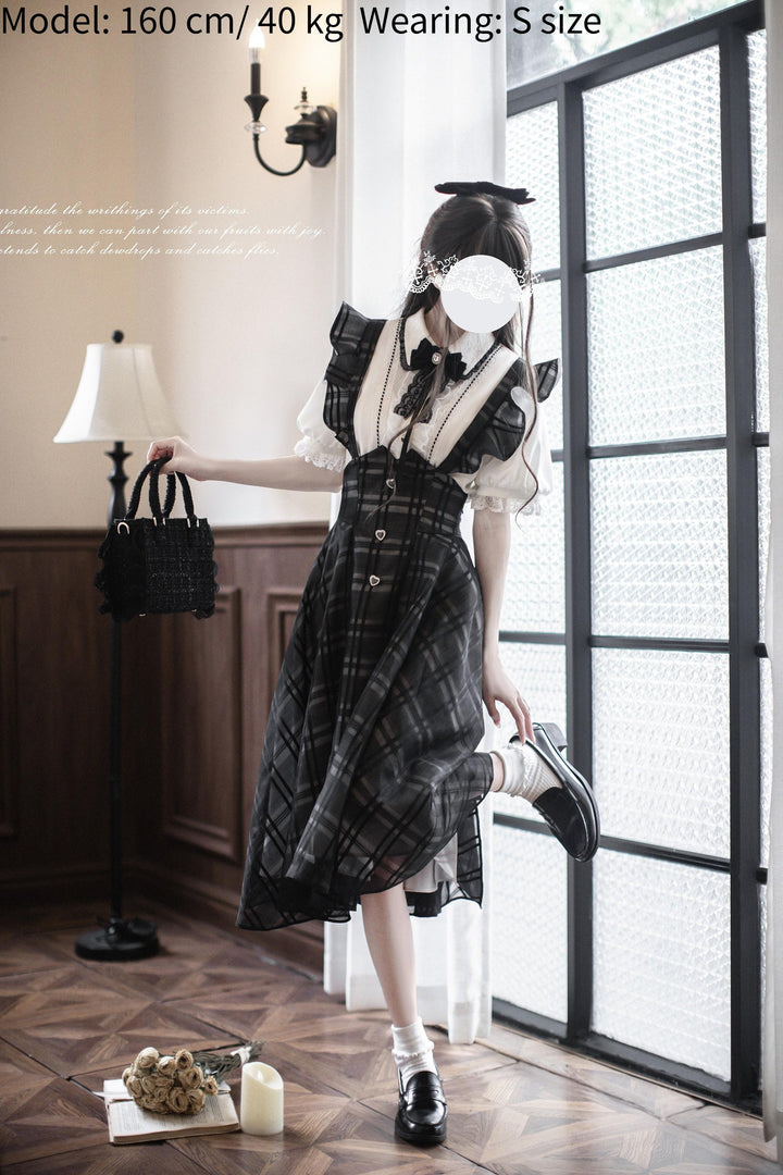 Black Jirai Kei Plaid Suspender Skirt Set with White Blouse 42918:760681
