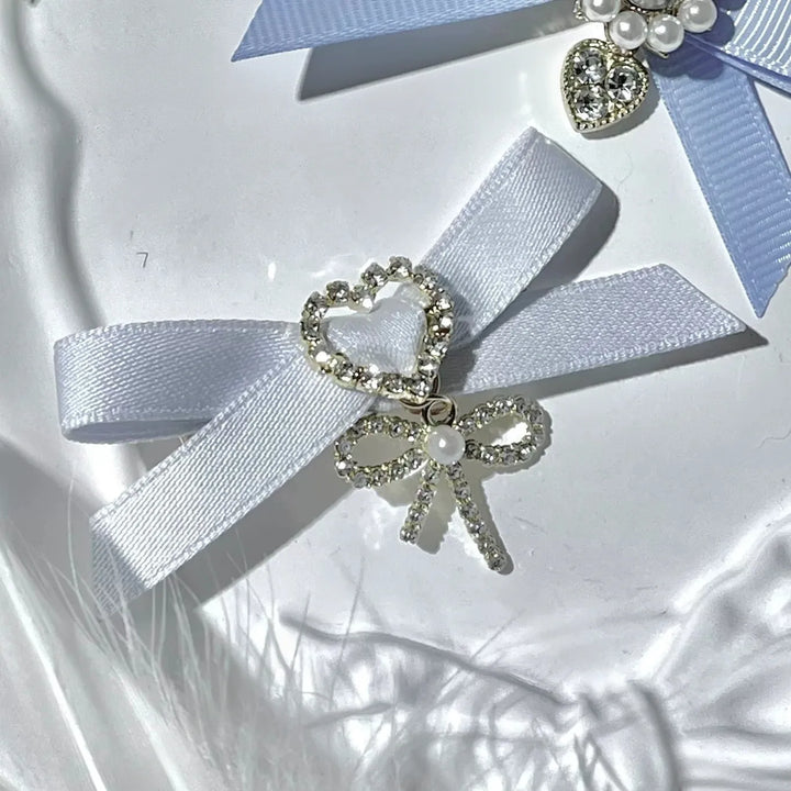 Jirai Kei Bow Hair Clips Set, Rhinestone & Pearl Accent 45776:866487