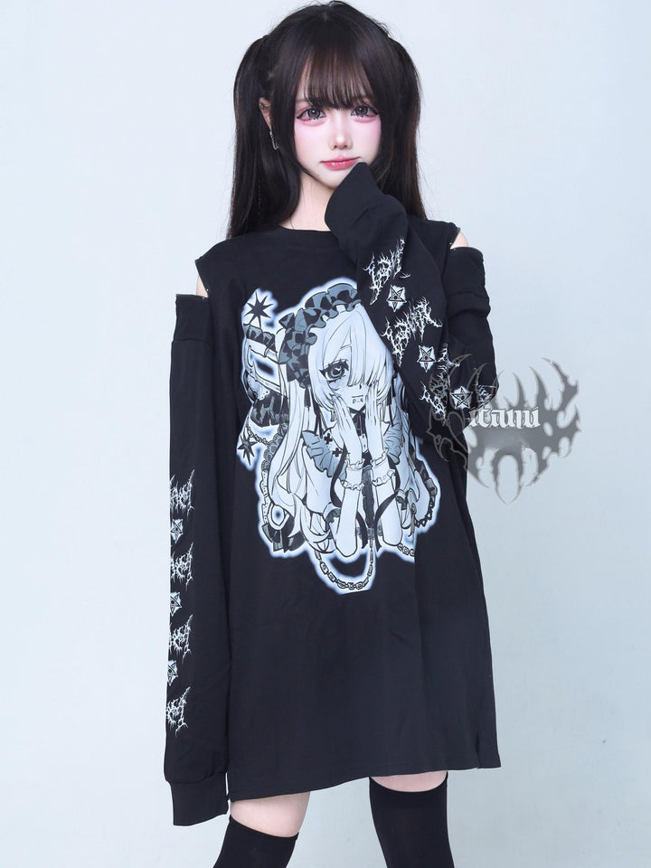 Gothic Long Sleeve Tee, Anime Print and Zipper Shoulder 44521:812672
