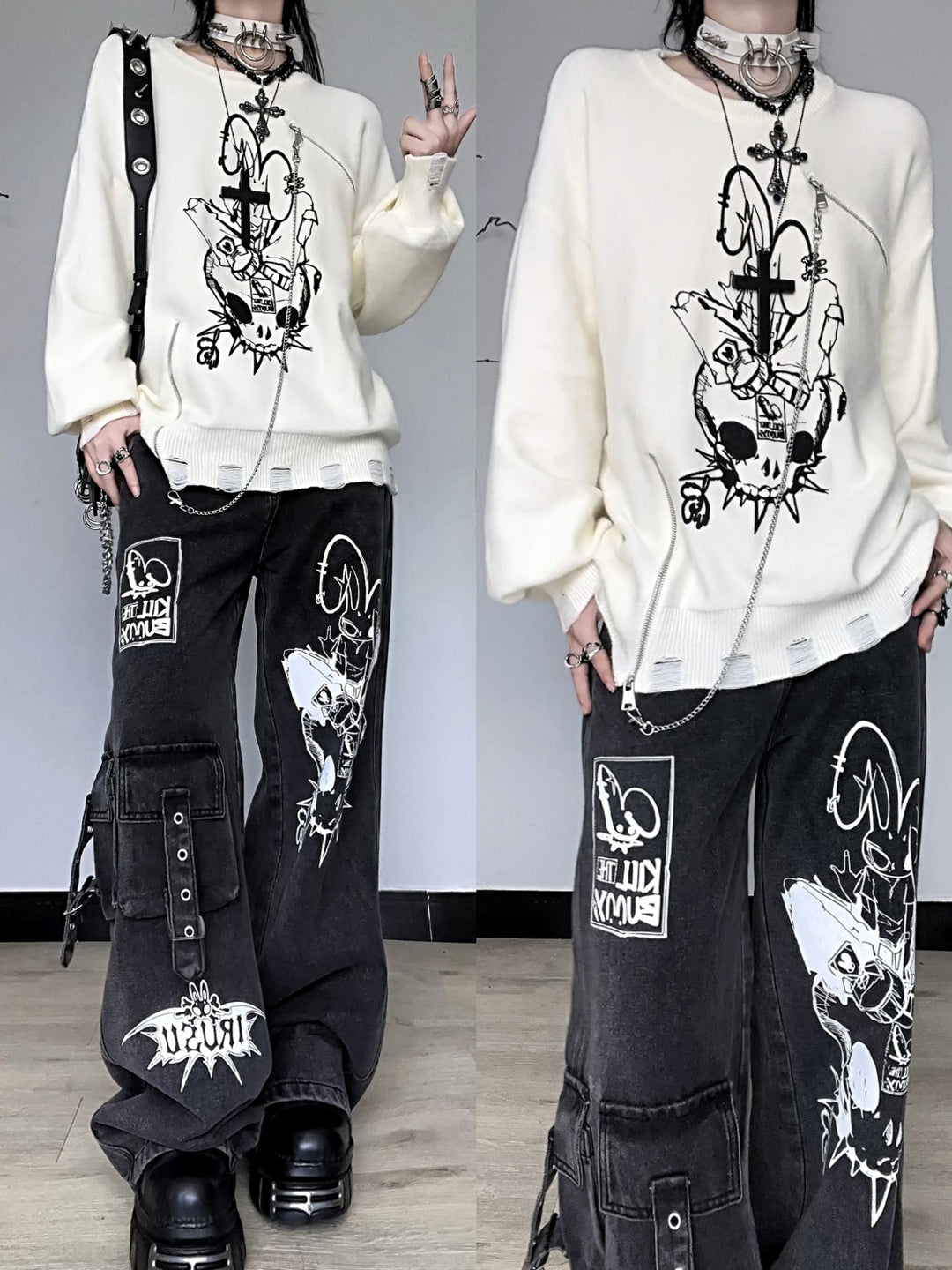 Punk Sweater Black White Rabbit Ripped Sweatershirt Knit Top 41158:696858