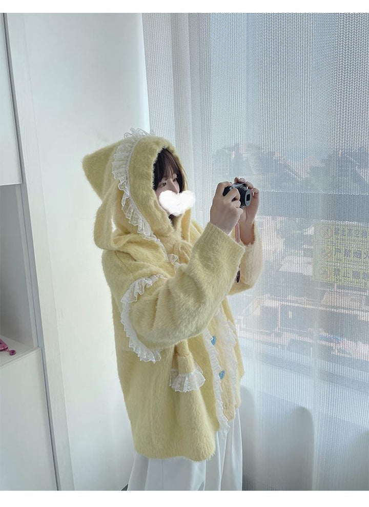 Kawaii Coat Sweater Bunny Ear Lace Knitted Hooded Cardigan 40338:665442