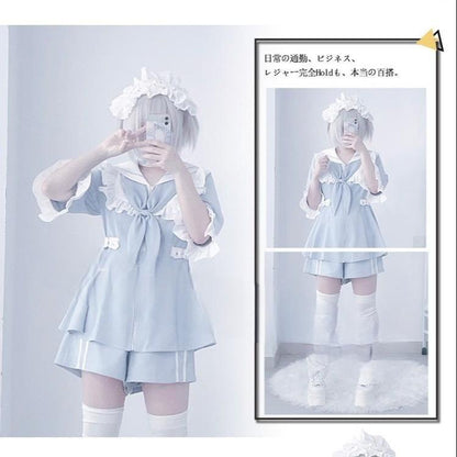 Jirai Kei Set Up Blue Lace Dress And Shorts Set 37046:548192
