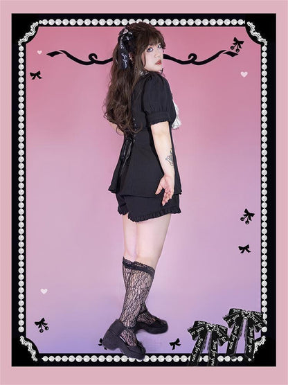 Plus Size Jirai Kei Blouse Short Sets Pink Black Full Set 21886:317346
