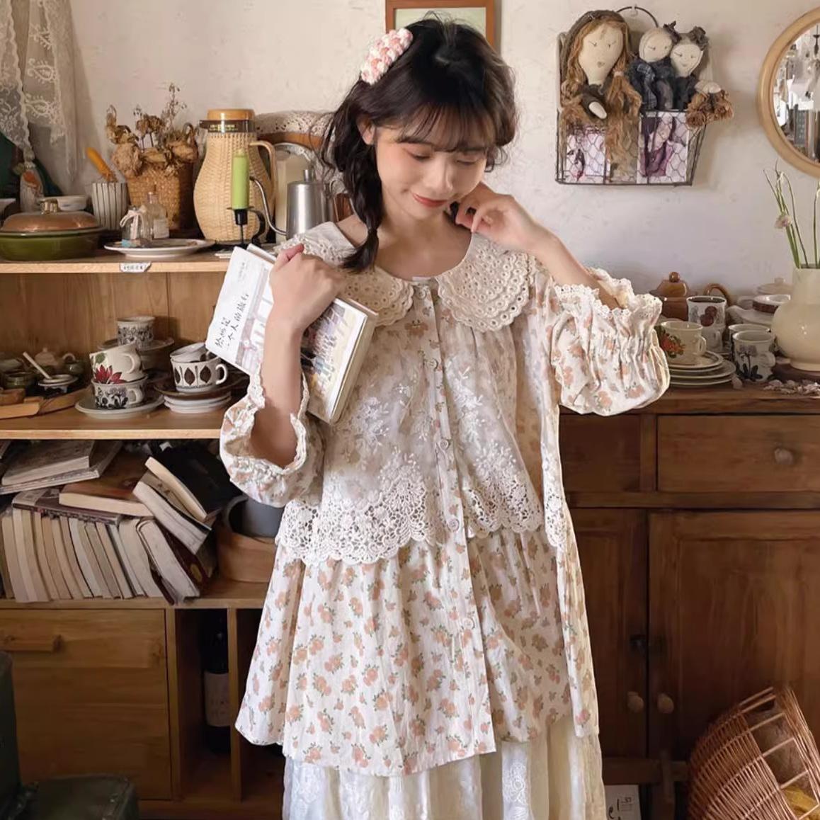 Mori Kei Blouse Floral Cotton Linen Shirt With Lace 36222:524852