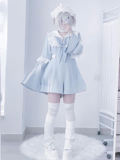 Jirai Kei Set Up Blue Lace Dress And Shorts Set 37046:546728