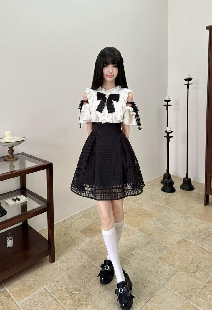 Seiso Kei Open Shoulder Dress, Black Lace Straps 45799:863064