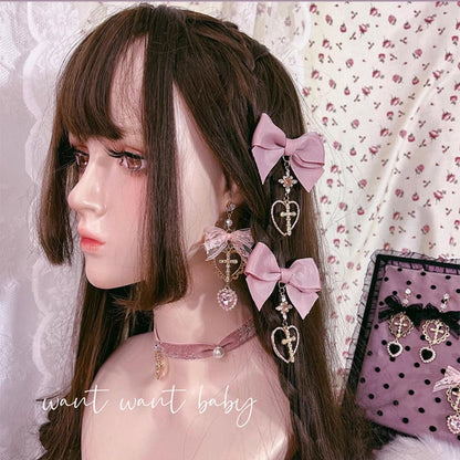 Jirai Kei Earrings Pink Black Lace Heart Cross Studs 35632:543670