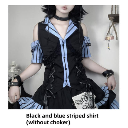 Jirai Kei Off-shoulder Striped Shirt And Ruffled Hem Skirt (L M S) 37558:564434