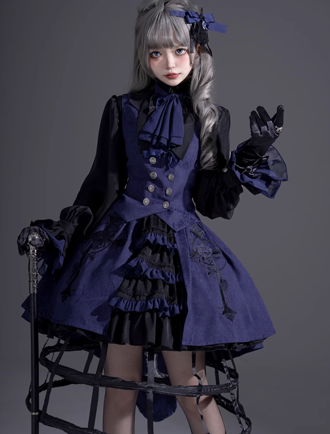 Ouji Lolita Prince Outfit Navy Blue Lolita Blouse Skirt Set 39360:633326