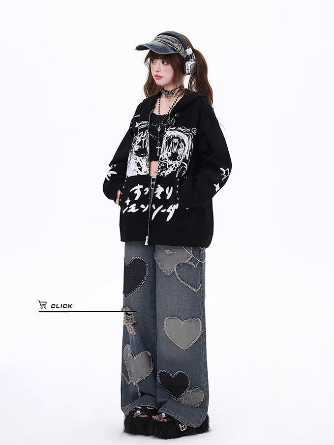 Plus Size Jirai Kei Coat Dark Comic Print Autumn Hoodie 39404:627226