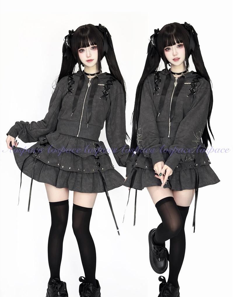 Subculture Skirt Outfit, Short Zipper Closure Hoodie 44484:816746