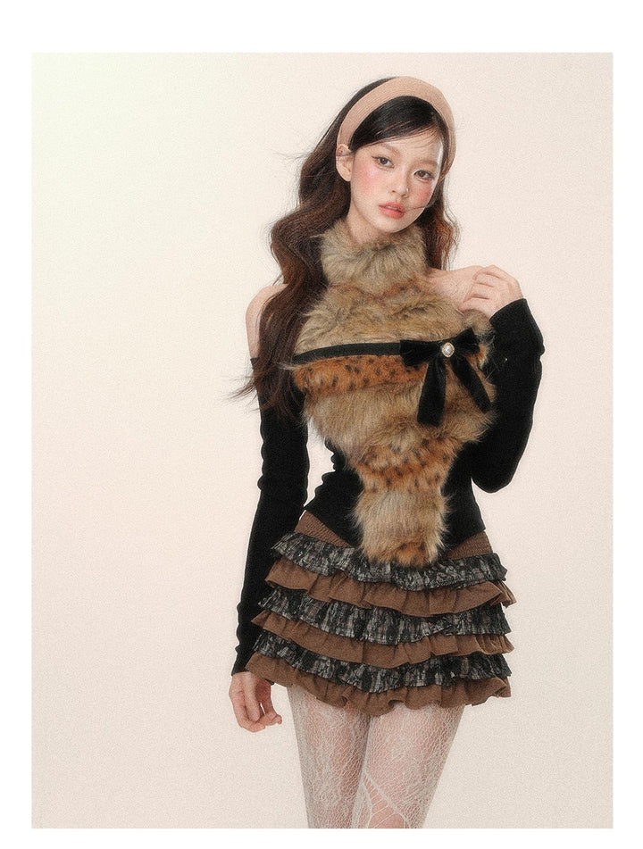 Gyaru Sweater Black-Brown Sexy Leopard Off-Shoulder Knit Top 41794:719404