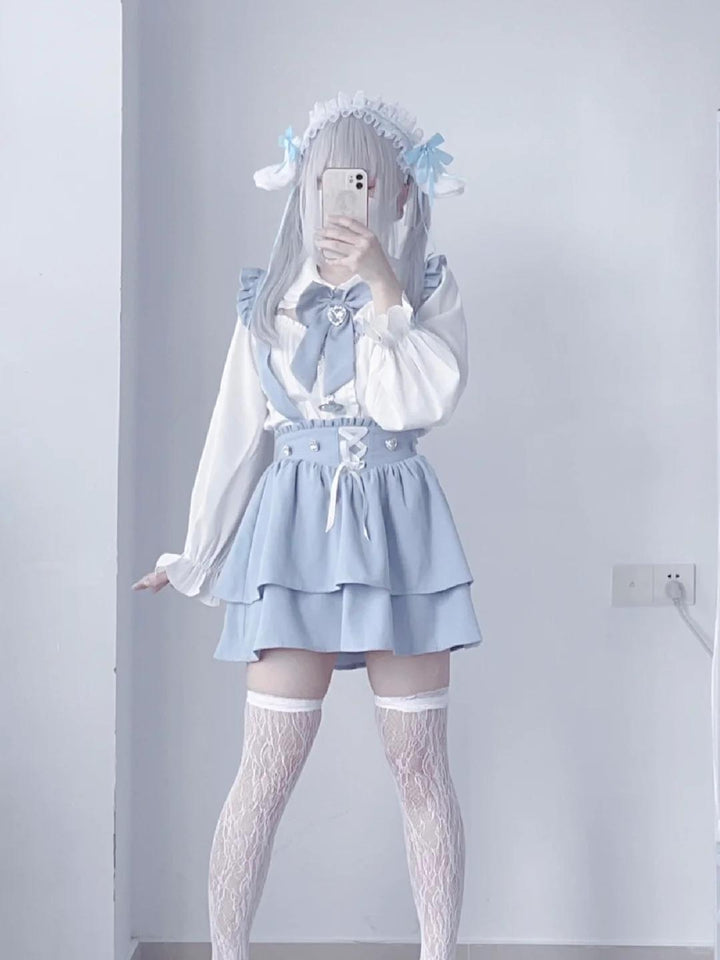 Jirai Kei White Blouse Lace-up Suspender Skirt 21838:760779