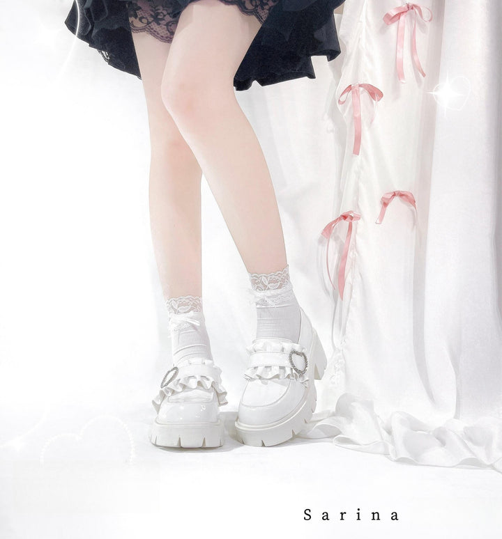 Jirai Kei High Platform Shoes, Heart Rhinestone Buckle (White / 35 36 37 38 39 40 41) 43787:785738