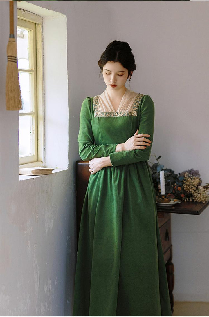 Retro Prom Dress Green Elegant Corduroy Court Dress 42200:732874