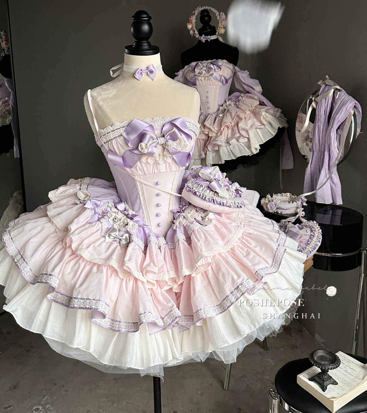 Lolita Dress Set Sweet Violet Pink Puffy Dress Corset Dress 36388:554912