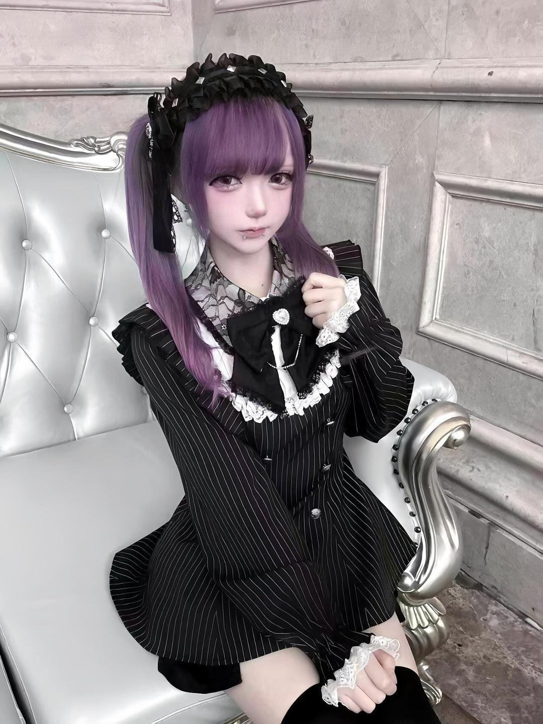 Black Striped Jirai Kei Set Up, Waist-cinching Dress 44921:828350