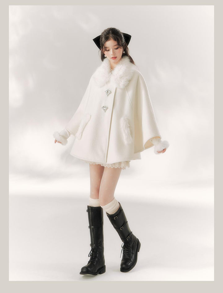 Jirai Kei Cape Woolen Coat Winter Fur Collar Coat 41062:685644