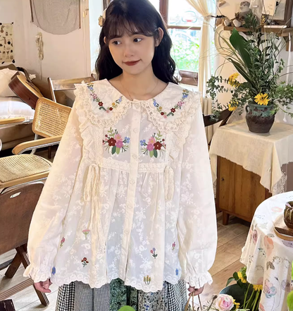 Mori Kei Blouse Flower Embroidery Shirt Anti-aging Top 36218:524768