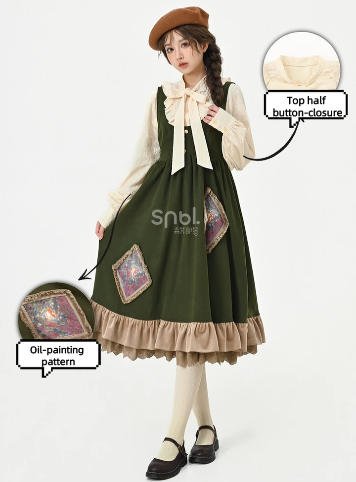 Mori Kei Dress Green Suspender Dress Apricot Blouse 39312:643756