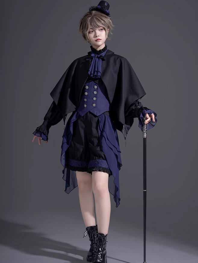 Ouji Lolita Prince Outfit Navy Blue Lolita Blouse Skirt Set 39360:633320