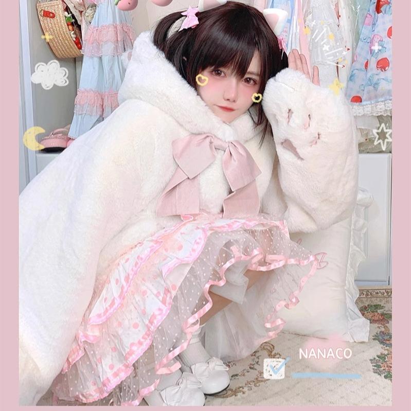 Sweet Lolita Coat Jirai Kei Winter Coat White Black Fleece Coat 32404:385960