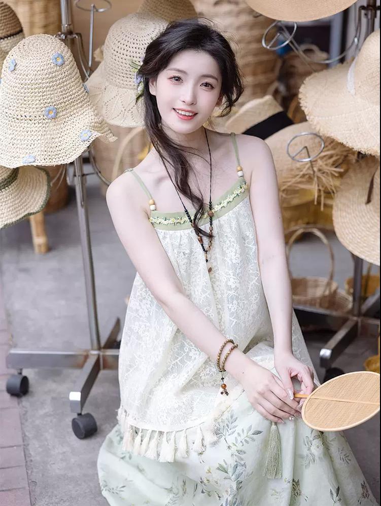 Cottagecore Dress Mori Kei Strap Dress Floral Dress With Tassels 36246:534452