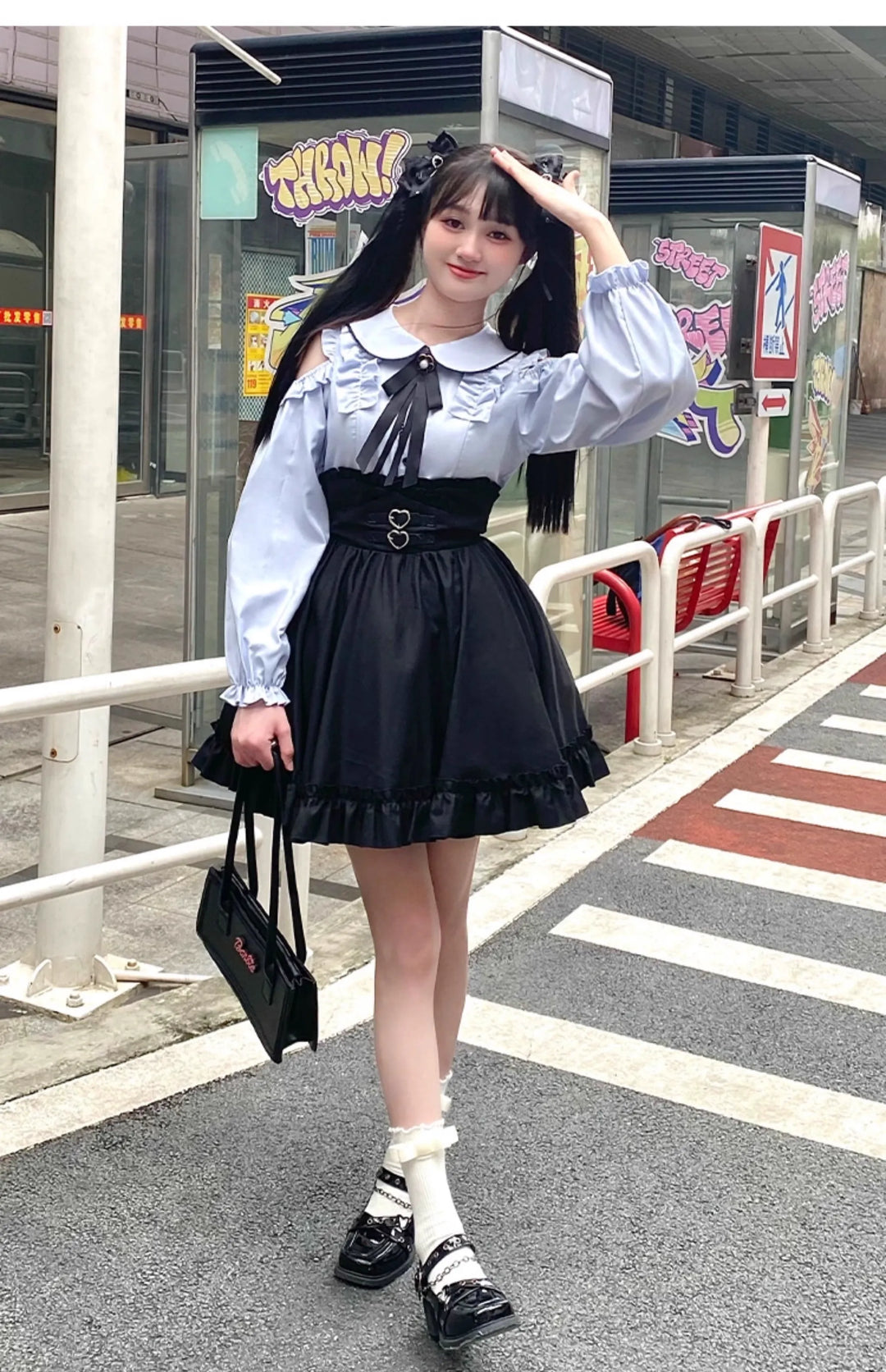 Jirai Kei Blue Open Shoulder Blouse, Flounce Hem Skirt – Honey Jirai Kei Blue Open Shoulder Blouse, Flounce Hem Skirt – Honey