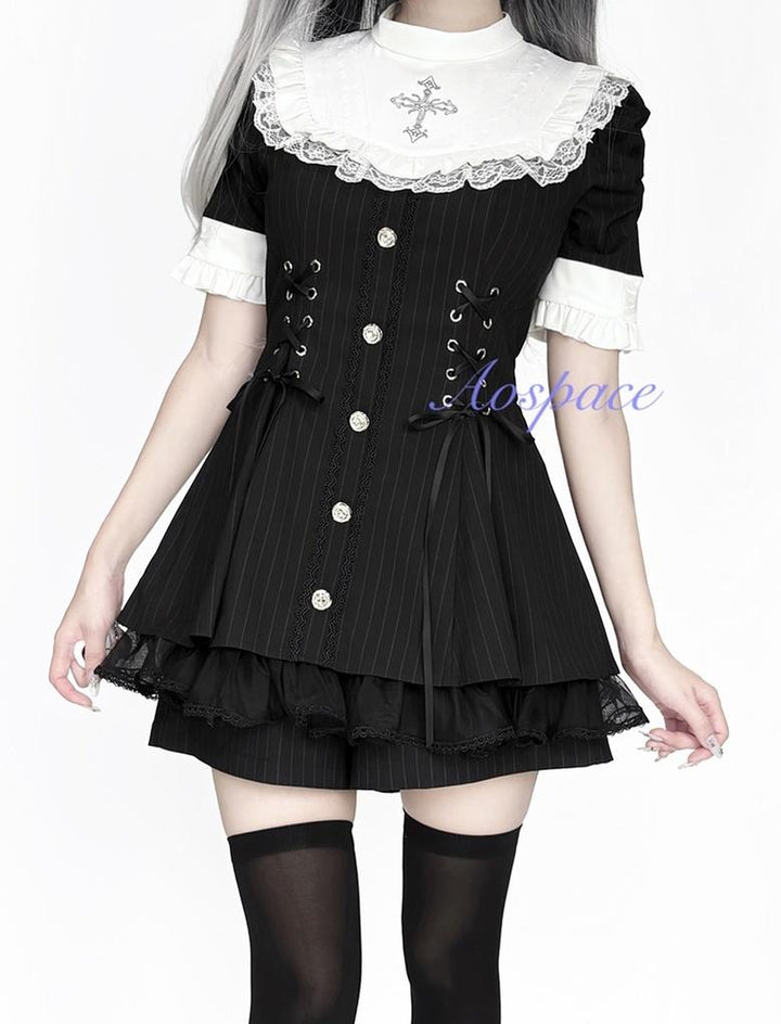 Short-sleeved Ryousangata Dress, Detachable Bowtie 43823:786771