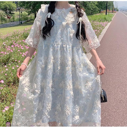 Kawaii Mori Kei Dress Blue Floral Sweet Dress 36206:523560