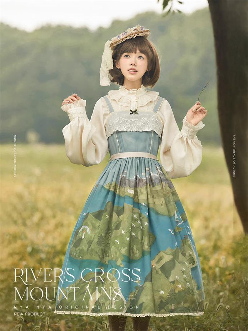 Lolita Dress Rivers Cross Mountains Print Lolita Dress Set 39412:627148