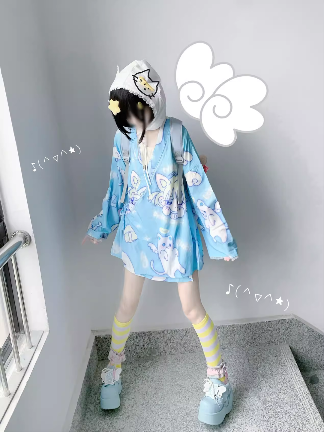 Kawaii Bathrobe Polka Dot Dress With Cat Angel Print (L M / Blue) 38222:592808