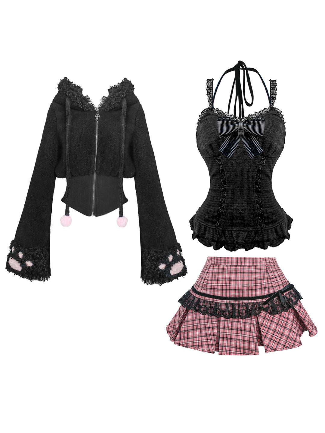 Punk Black Coat Gyaru Fashion Pink Plaid Mini Skirt Camisole 41124:692108