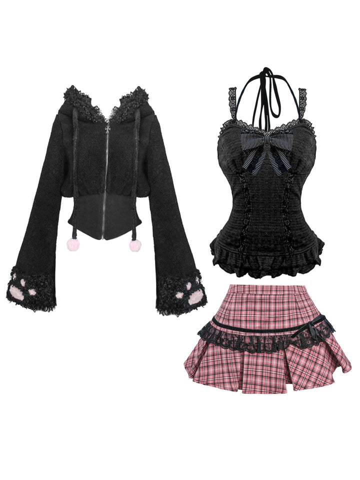 Punk Black Coat Gyaru Fashion Pink Plaid Mini Skirt Camisole 41124:692108