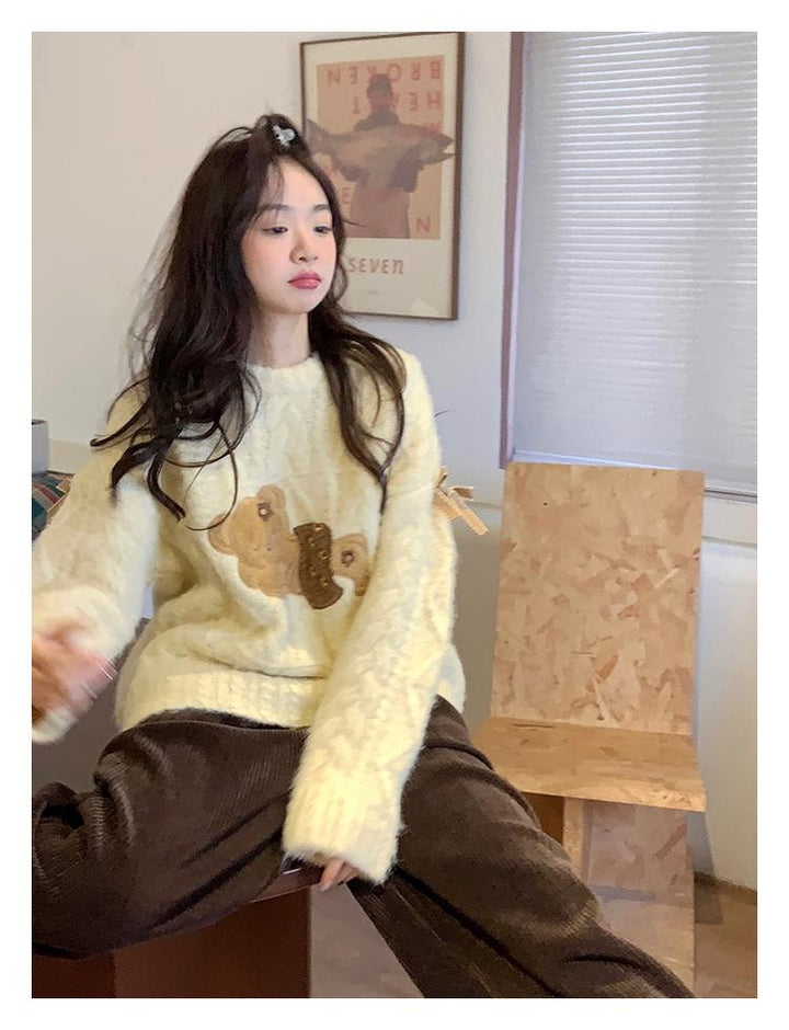 Kawaii Sweater Beige Little Bear Round Neck Sweater Winter 39798:646362