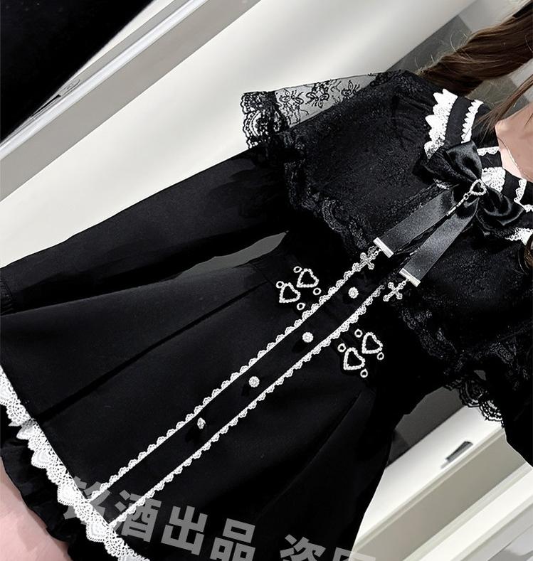 Striped Jirai Kei Dress, Black Lace Shawl 44786:827975