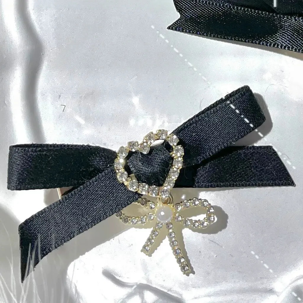 Jirai Kei Bow Hair Clips Set, Rhinestone & Pearl Accent 45776:866485
