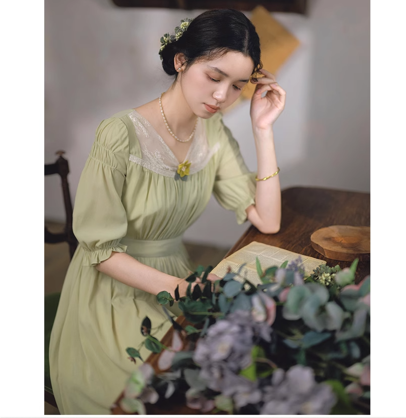 Mori Kei Dress Elegant Dress Matcha Green Lace Trim Dress 36344:547364