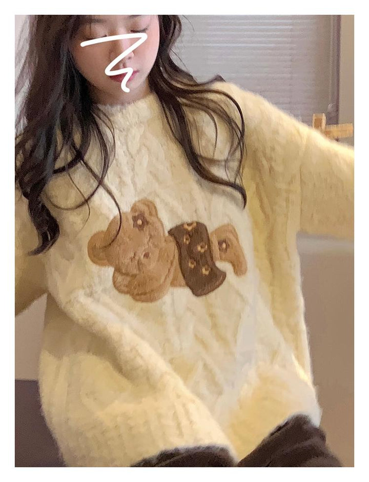 Kawaii Sweater Beige Little Bear Round Neck Sweater Winter 39798:646376