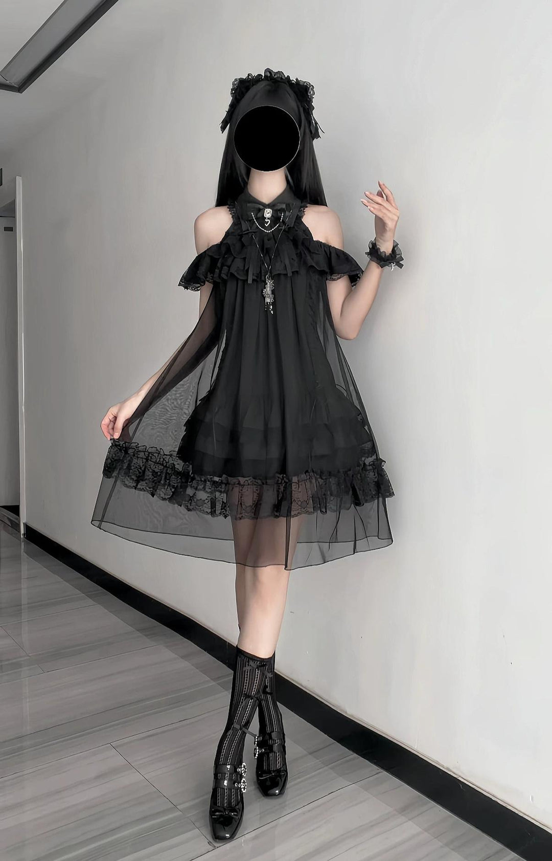 Seiso Kei Open Shoulder Dress, Black Tulle Overlay 45555:854208