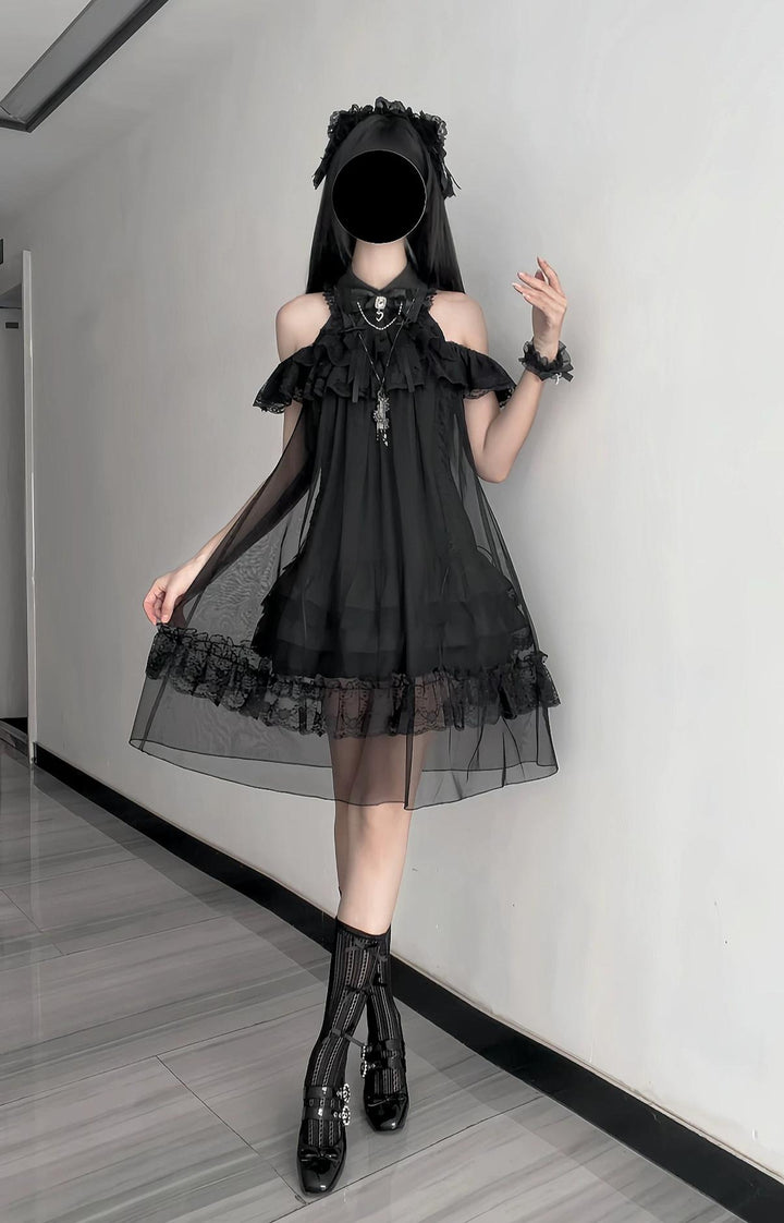 Seiso Kei Open Shoulder Dress, Black Tulle Overlay 45555:854208