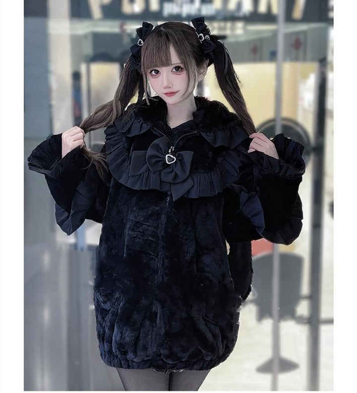 Jirai Kei Coat Winter Bunny Ears Fleece Hoodie Coat 34478:505372