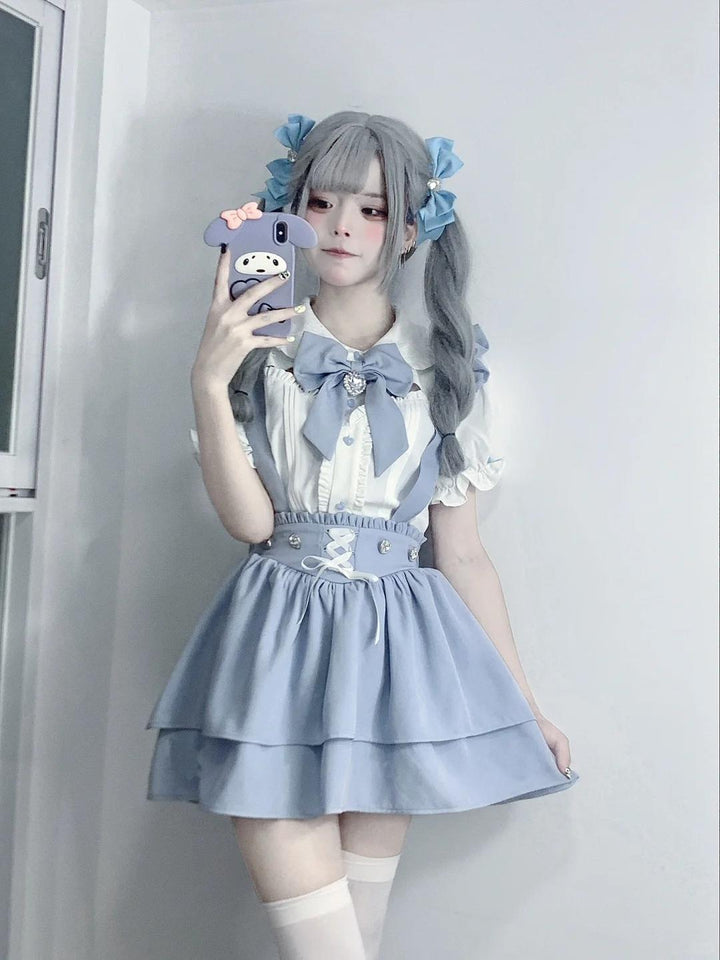 Jirai Kei White Blouse Lace-up Suspender Skirt 21838:760778