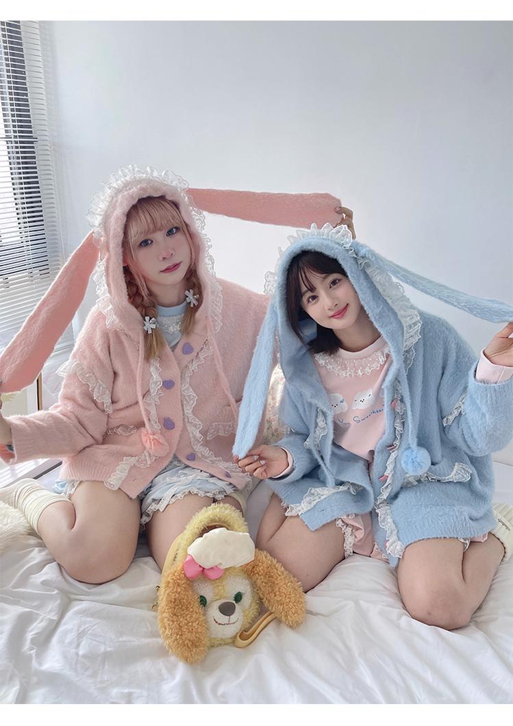 Kawaii Coat Sweater Bunny Ear Lace Knitted Hooded Cardigan 40338:665314