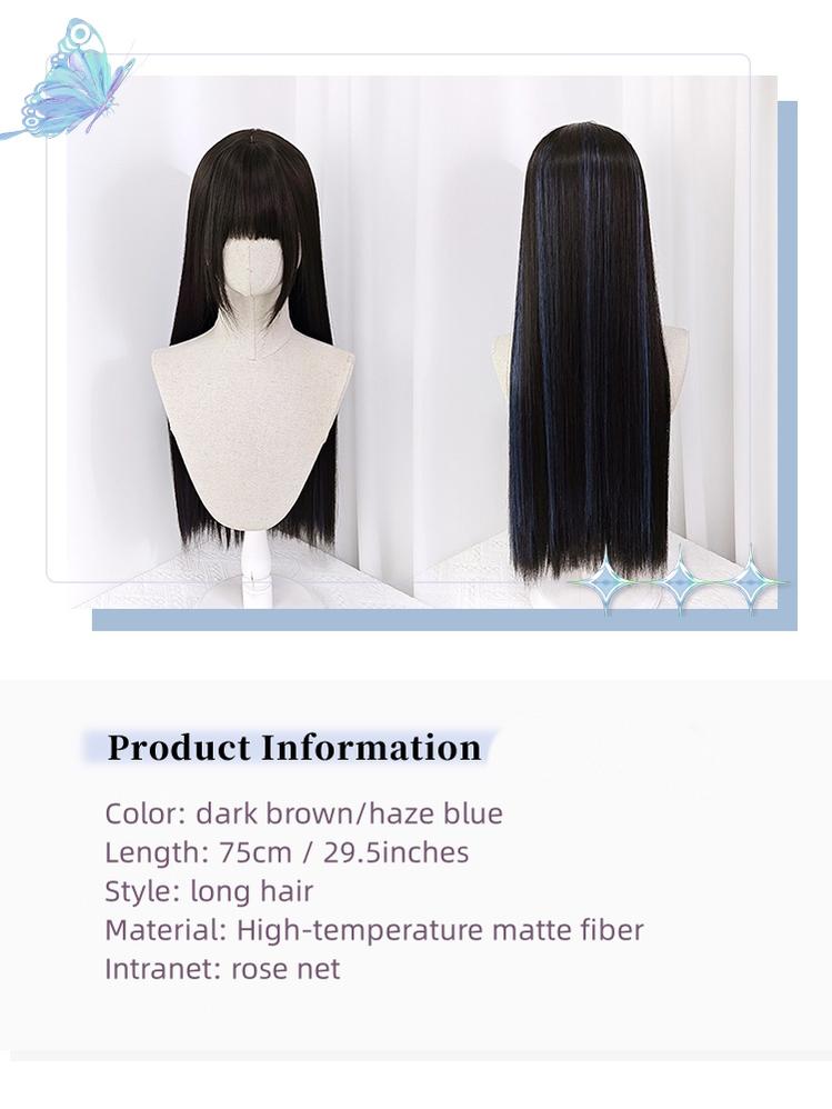 Jirai Kei Dark Brown Hidden Highlight Dyeing Haze Blue Wigs 22050:325284