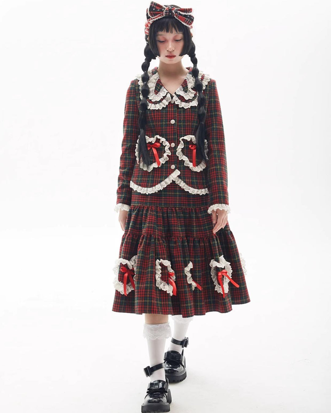 Retro Lolita Skirt Showa Christmas Winter Red Plaid Skirt 40316:662980