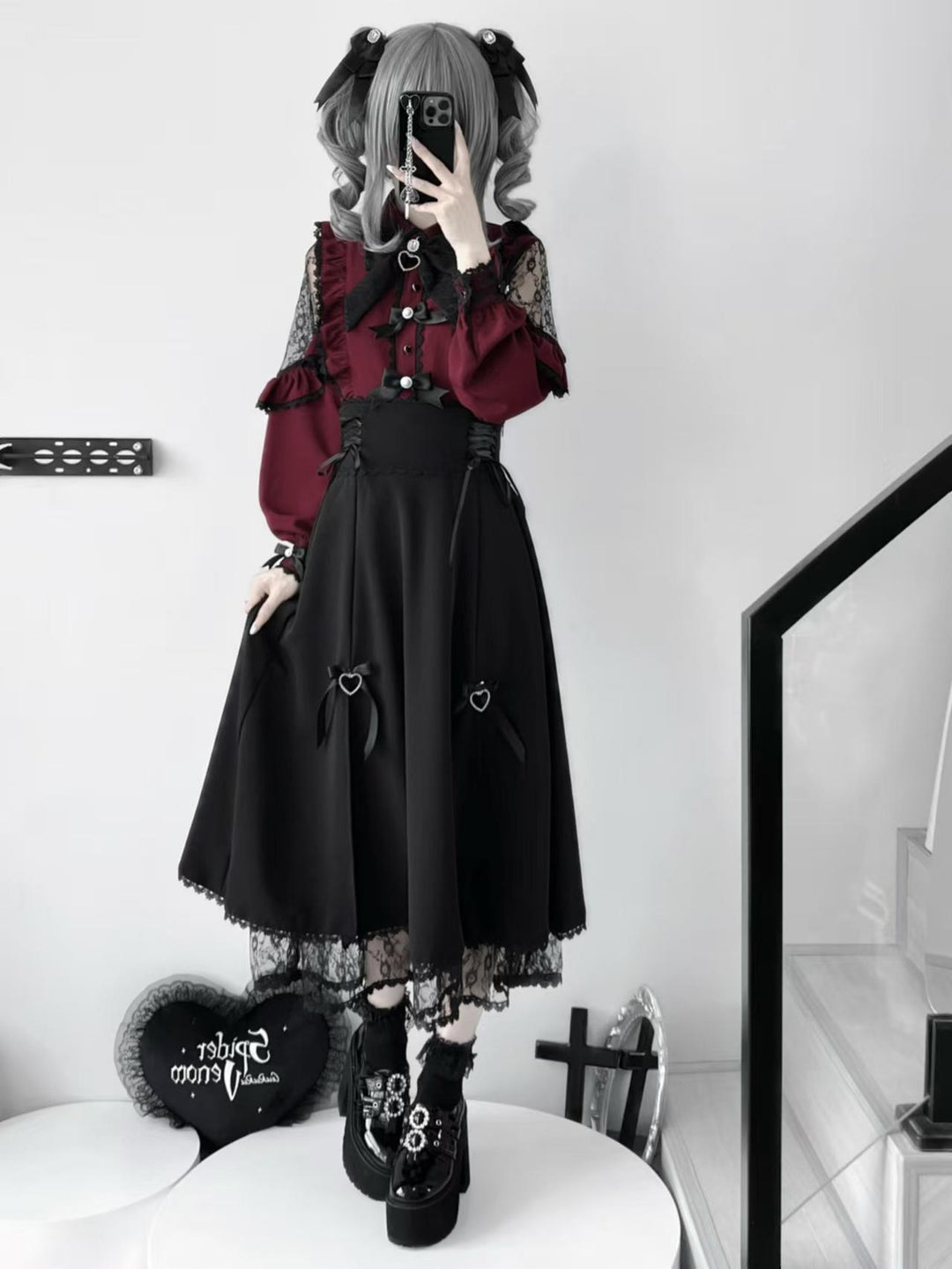 Lace Cut-out Jirai Kei Blouse & Black Long High-Waist Lace-Up Skirt 41720:723970